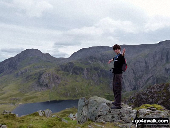 Walk gw187 Y Garn (Glyderau),  Glyder Fawr, Castell y Gwynt and Glyder Fach from Ogwen Cottage, Llyn Ogwen - My son Patrick climbing Y Garn (Glyderau) with Tryfan (left) and Glyder Fach (right) in the background