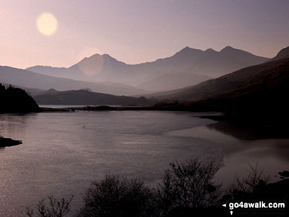 Y Lliwedd (centre left), Snowdon and Crib Goch (right) across Llynnau Mymbyr from Plas y Brenin near Capel Curig 