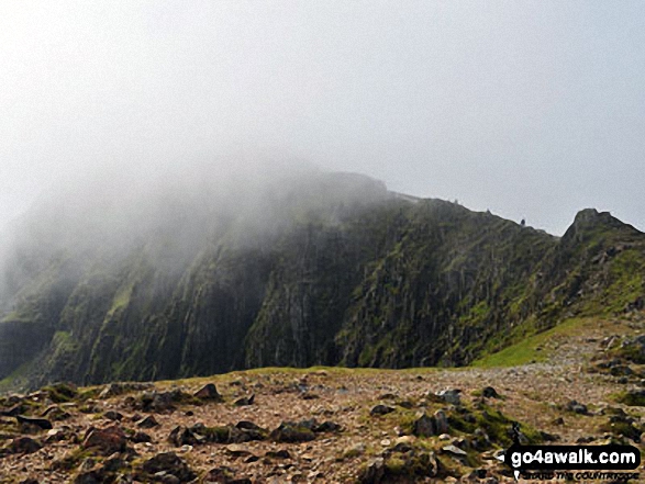 Walk gw126 Snowdon via The Llanberis Path - Mount Snowdon through a gap in the mist from Garnedd Ugain (Crib y Ddysgl)