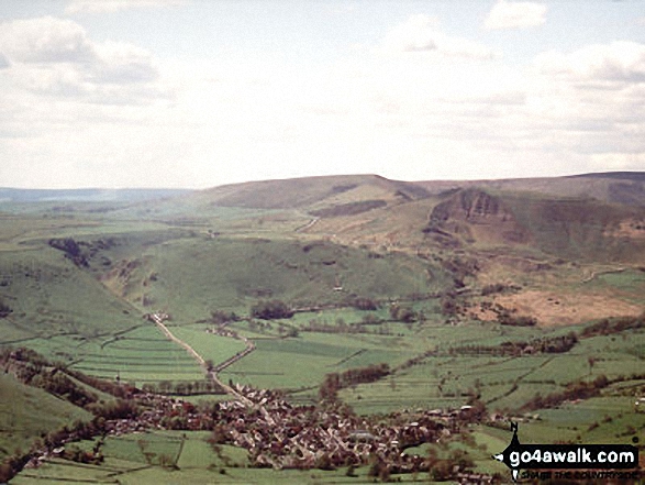 Walk d158 Sparrowpit and Mam Tor from Castleton - Aerial Shot of Castleton with Winnats Pass and Lord's Seat (Mam Tor) and Mam Tor