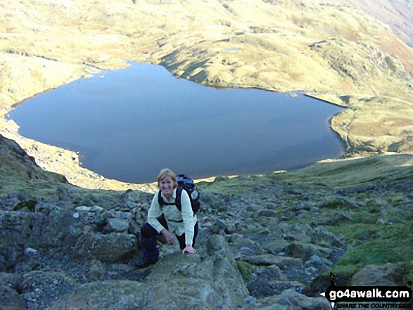 Walk c225 The Langdale Pikes via Jack's Rake from The New Dungeon Ghyll, Great Langdale - Climbing Harrison Stickle above Stickle Tarn in the Langdale Pikes