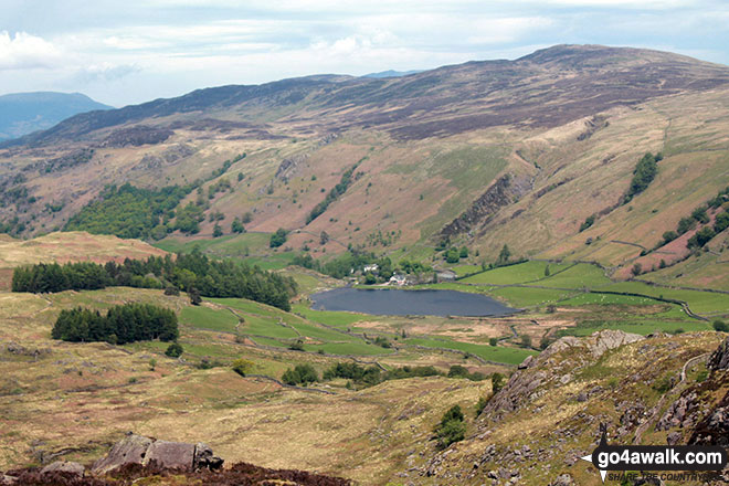 Walk c143 Brund Fell and King's How from Rosthwaite - Watendlath & Watendlath Tarn with High Seat (Ashness Fell) beyond from the summit of Great Crag