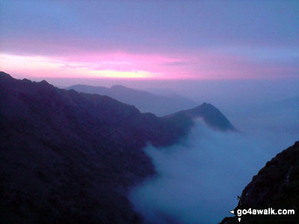 Walk gw117 Snowdon and Yr Aran via The Watkin Path from Bathania, Nantgwynant - Crib Goch at dawn from very close to the top of Snowdon (Yr Wyddfa)