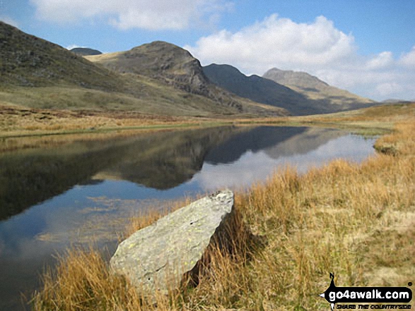 Walk c258 Pike of Blisco (Pike o' Blisco) from The Old Dungeon Ghyll, Great Langdale - Great Knott, Shelter Crags (Crinkle Crags) and Bow Fell (Bowfell) from Red Tarn (Langdale)