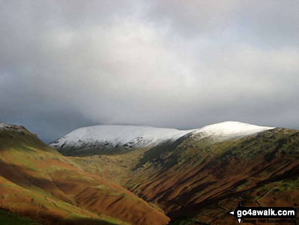 Helvellyn (centre left) and Seat Sandal (right) above The Pass of Dunmail Raise from Helm Crag 