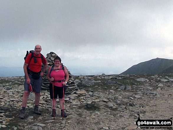 Walk c222 Swirl How and Wetherlam from Coniston - My wife and I on top of Brim Fell summit on a hazy hot July 7th 2013 with Coniston Old Man in the background