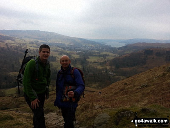 Walk c389 Great Rigg, Fairfield and Hart Crag from Ambleside - Steve Taylor and Ian Matthews Golledge looking back over Ambleside & Lake Windermere as we ascended Nab scar and on up to Fairfield