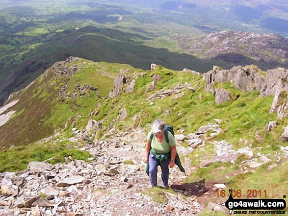 Walk gw224 Cnicht, Hafod-yr-Hydd and Moelwyn Mawr from Croesor - Carole approaching the final scramble up to the summit of Cnicht