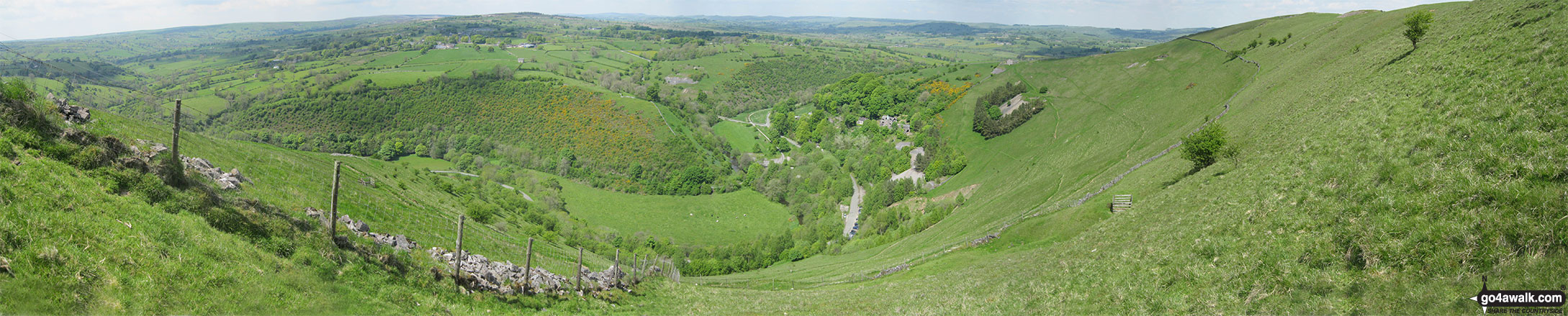 Walk s232 Dale Bottom, Wetton Hill and Ecton Hill from Alstonefield - Panoramic view of The Manifold Valley and the Manifold Way from Ecton Hill