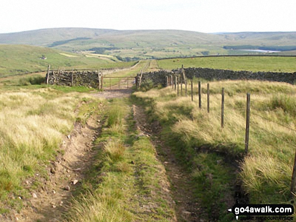 Descending the Burtree Fell track from Middlehope Moor to Cowshill with Burnhope Reservoir and Burnhope Seat in the distance