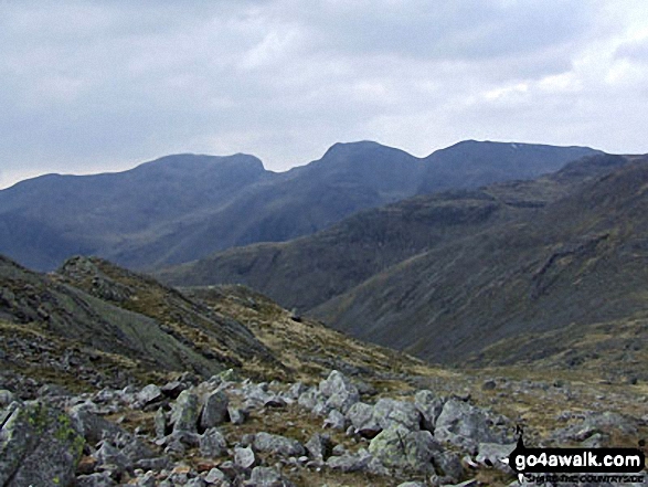 Walk c414 Crinkle Crags and Bow Fell (Bowfell) from The Old Dungeon Ghyll, Great Langdale - Sca Fell (centre left), Mickledore, Scafell Pike and Ill Crag from Three Tarns