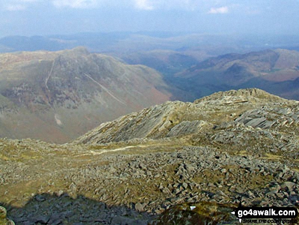 Walk c414 Crinkle Crags and Bow Fell (Bowfell) from The Old Dungeon Ghyll, Great Langdale - Looking down the Great Slab below Bow Fell (Bowfell) to Great Landdale and the Langdale Pikes