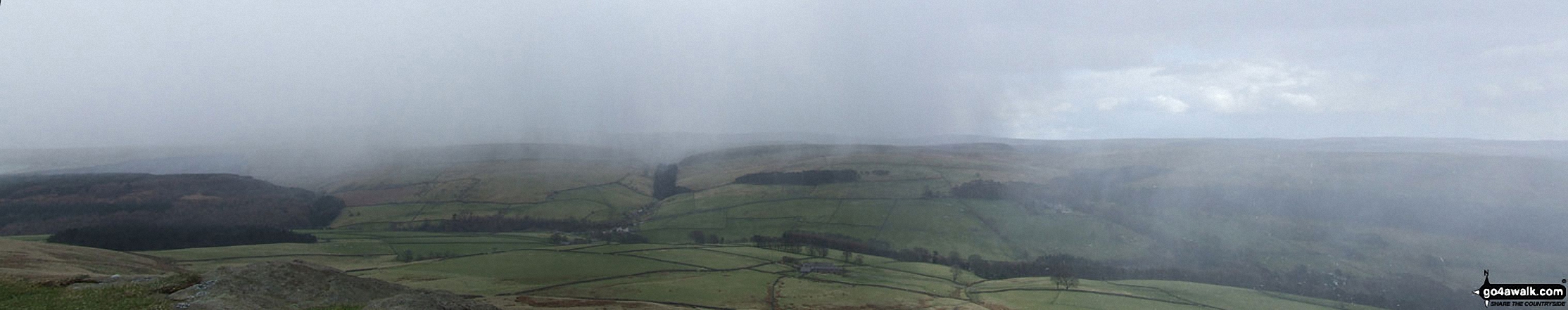 Walk ch101 Shutlingsloe and Wildboarclough from Ridgegate Reservoir - Macclesfield Forest (left) and Shining Tor (centre left - on the horizon) from a rather misty Shutlingsloe summit