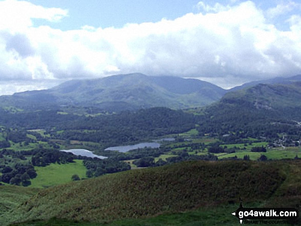 Walk c238 Lingmoor Fell and Great Langdale from Elterwater - Elterwater with The Coniston Fells beyond from Loughrigg Fell summit