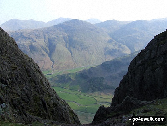 Walk c208 Harrison Stickle and High Raise from The New Dungeon Ghyll, Great Langdale - Great Langdale  with Pike of Blisco (Pike o' Blisco) beyond from the path to Pike of Stickle (The Langdale Pikes)