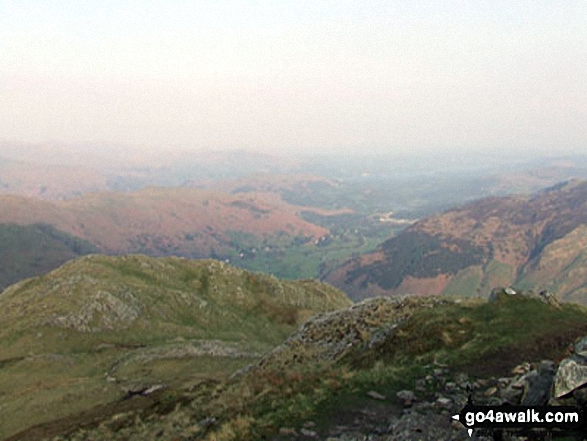 Walk c208 Harrison Stickle and High Raise from The New Dungeon Ghyll, Great Langdale - Looking SE from Loft Crag (The Langdale Pikes) down Great Langdale to Elterwater, Ambleside and Windermere