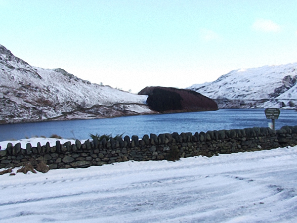 Walk c251 The Mardale Head Horizon from Mardale Head - The Rigg and Haweswater Reservoir from Mardale Head car park in the snow