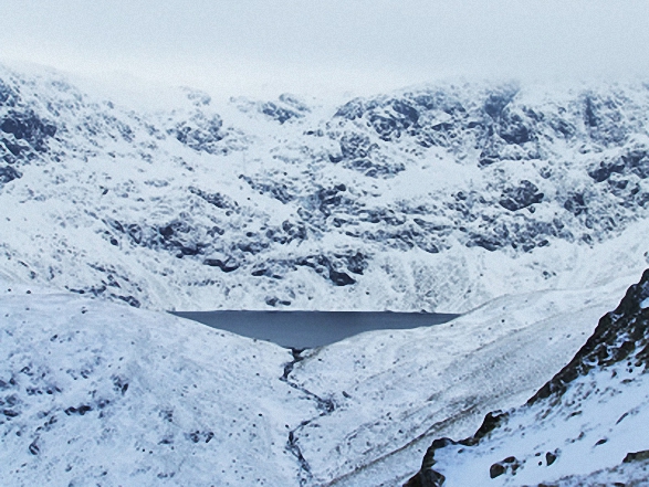 Walk c362 Branstree and High Street from Mardale Head - Blea Water with mist shrouding High Street beyond from Dudderwick in the snow