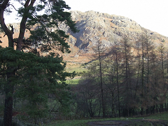 Walk c205 Green Crag (Ulpha Fell) and Great Worm Crag from Stanley Force NT Car Park, Eskdale - Birker Fell (Eskdale) crags from Eskdale