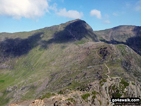 The Watkin Path from Bwlch Ciliau up to the summit of Snowdon (Yr Wyddfa) with Garnedd Ugain (Crib y Ddysgl) visible (far right) from Y Lliwedd