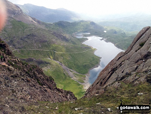 Walk gw105 Snowdon via The Watkin Path from Nantgwynant - Llyn Llydaw from a gap in the crags near Bwlch y Saethau on the upper slopes of Snowdon (Yr Wyddfa)