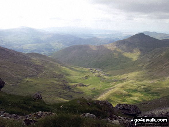 Walk gw117 Snowdon and Yr Aran via The Watkin Path from Bathania, Nantgwynant - Cwm Llan and Yr Aran (right - in shadow) from Bwlch y Saethau on the upper slopes of Snowdon (Yr Wyddfa)