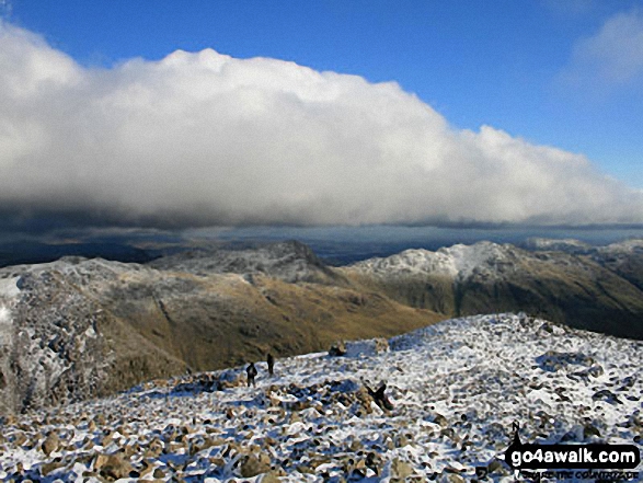 Walk c215 Scafell Pike from Seathwaite - Snow on Esk Pike (left), Bow Fell (Bowfell) and Crinkle Crags (right) from the summit of Scafell Pike