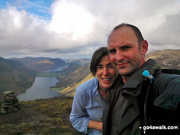 Walk c295 Hay Stacks and Fleetwith Pike from Gatesgarth, Buttermere - Debra and Tony on the summit of Fleetwith Pike with Buttermere and Crummock Water in the background