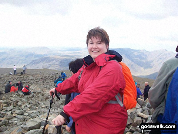 Walk c370 Scafell Pike from Seathwaite - Tracey Parnell at the top of Scafell Pike in May 2012