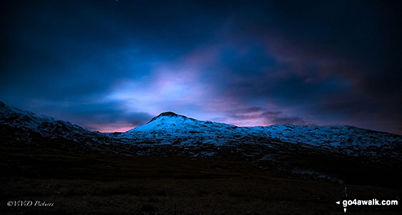 Snow on Snowdon (Yr Wyddfa) at sunrise in January from the Rhyd Ddu path