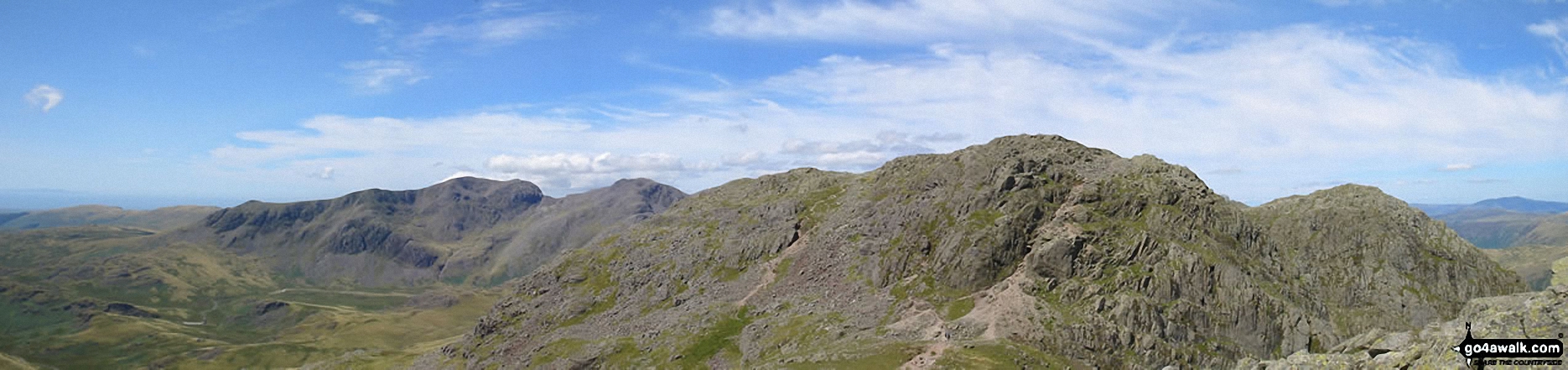 Walk c129 Crinkle Crags and Bow Fell from The Old Dungeon Ghyll, Great Langdale - *Crinkle Crags (Long Top), Gunson Knott & Crinkle Crags (South Top) (right) including the infamous bad step with the Scafell Massiff beyond from Great Knott