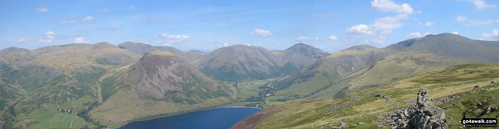 Walk c116 Illgill Head and Whin Rigg from Wasdale Head, Wast Water - *From Left to right: Caw Fell, Seatallan, Red Pike, Pillar, Yewbarrow, Kirk Fell, Great Gable, Lingmell and Sca Fell and Wast Water (foreground) from Illgill Head (NB. Scafell Pike is largely hidden behind Sca Fell)