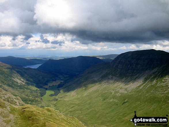 Walk c220 Helvellyn via Striding Edge from Glenridding - Looking down Grisdale from Dollywaggon Pike with St Sunday Crag on the right and Ullswater in the distance