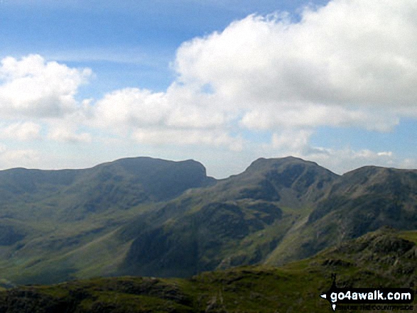 Walk c414 Crinkle Crags and Bow Fell (Bowfell) from The Old Dungeon Ghyll, Great Langdale - The Scafell Massiff from Bowfell - with Sca Fell to the left, Mickledore in the centre and Scafell Pike to the right