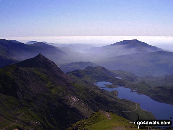 Walk gw126 Snowdon via The Llanberis Path - Crib Goch, The PYG Track (centre), The Miners' Track (lower right) and Llyn Llydaw from Bwlch Glas