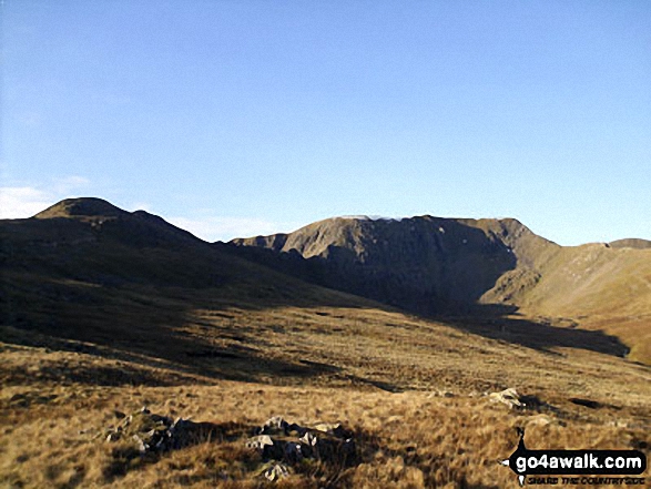 Walk c220 Helvellyn via Striding Edge from Glenridding - Striding Edge (left), Helvellyn and Swirral Edge (right) from above Hole-in-the-Wall