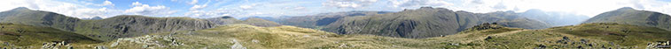 360 degree panorama featuring Great Gable, Green Gable, Little Scoat Fell & Pillar (distance), Brandreth, Dale Head (Newlands), High Spy, Glaramara, Esk Pike, Great End and Scafell Pike from Base Brown