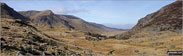 Y Garn (Glyderau) (far left), Foel-goch (Glyderau), Carnedd y Filliast, Ogwen Cottage, Nant Ffrancon and the shoulder of Pen yr Ole Wen (right) from Llyn Idwal