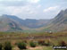 The Band (left), Bow Fell (Bowfell), Esk Pike (centre) and Pike of Stickle (far right) surround Mickleden from Great Langdale