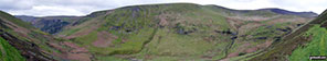 The Pistyll Rhaeadr crags (far left), Trum Fellen, Moel Sych, Cadair Berwyn and Cadair Berwyn (North Top) (far right) from Nant y Llyn near Llyn Lluncaws